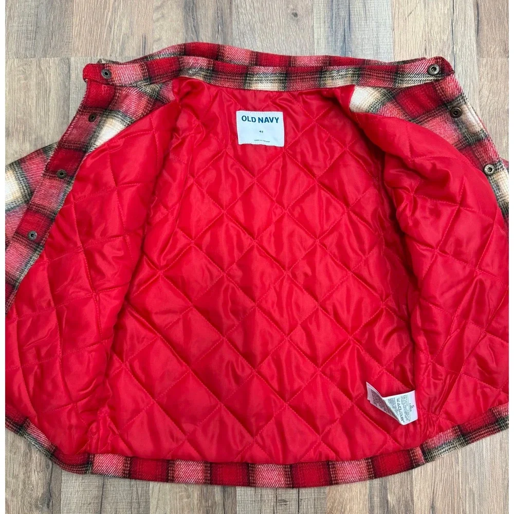 Old Navy Boys 4T Plaid Flannel Jacket Red Cream Quilted Lined Snap Front
